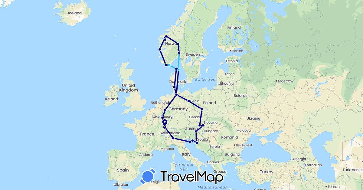 TravelMap itinerary: driving, boat in Austria, Germany, Denmark, France, Croatia, Italy, Luxembourg, Norway, Poland, Slovakia (Europe)